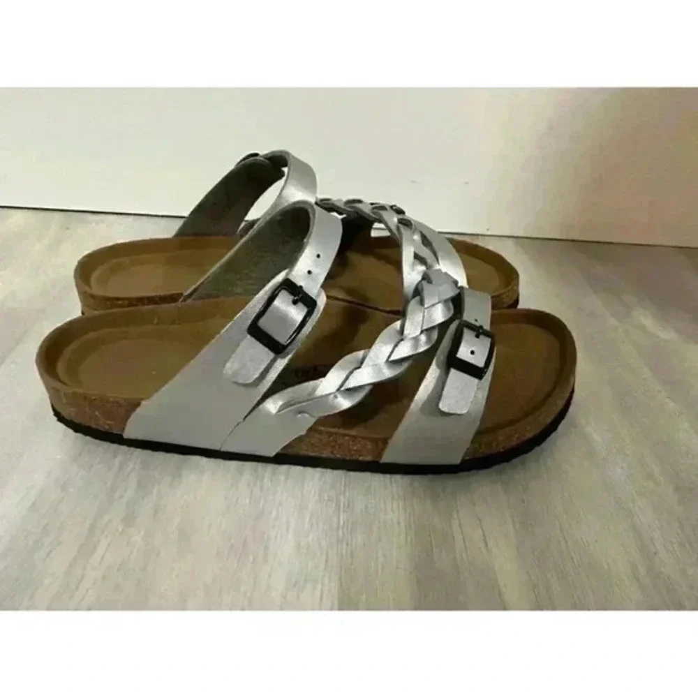 Aerothotic‎ Womens Viking Footbed Sandals Silver Open Toe Braided Strappy